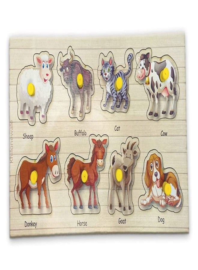 Khilonewale Kid's Wooden Puzzles Set for Toddlers 2 3 4 Years Old, Educational Puzzle Tray with knobs,Learning Aid for Boys and Girls, Kids, Students,Size 27 * 14 cm (Domestic Animal) - Image 1